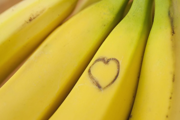Heart shape on ripe bananas.