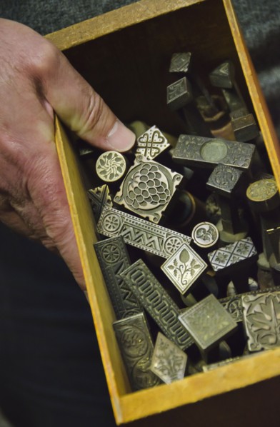 Close up of printing blocks from antique book binding.