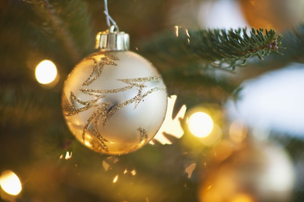 Christmas decoration hanging on Christmas tree, studio shot.
