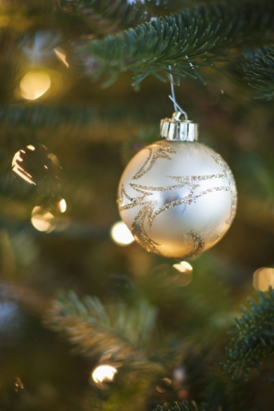 Christmas decoration hanging on Christmas tree, studio shot.