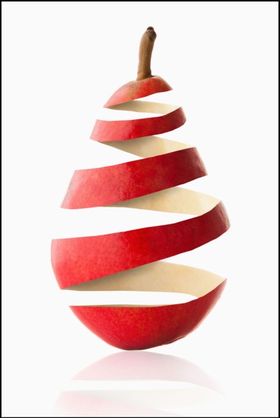 Pear peel in pear shape, studio shot. Photo : Mike Kemp