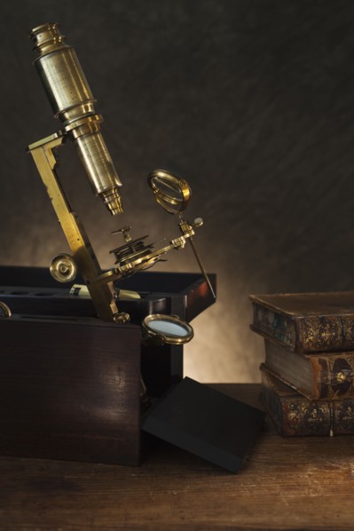 Close up of antique microscope.