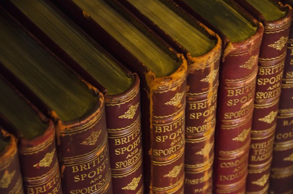 Close up of antique books on shelves.