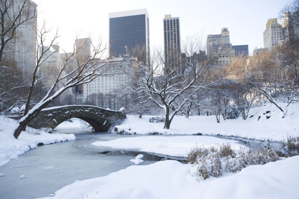 USA, New York City, View of Central Park in winter with Manhattan skyline in background. Photo :