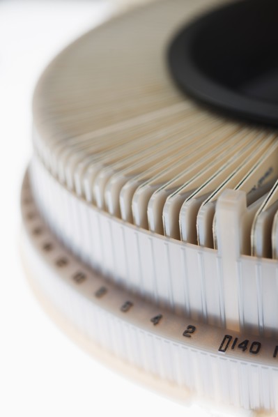 Close up of slides and on round slide tray.
