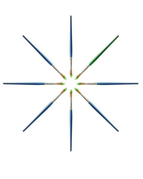 Blue paintbrushes in green paint on white background. Photo : David Arky