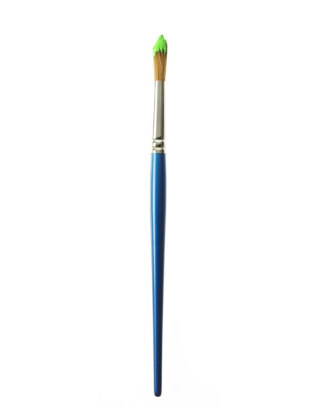 Blue paintbrush with green paint on white background. Photo : David Arky