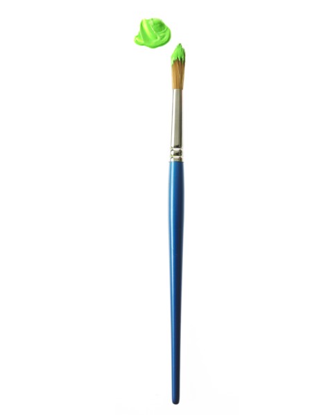 Blue paintbrush with green paint on white background. Photo : David Arky