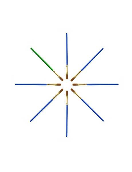 Blue paintbrushes with one green on white background. Photo : David Arky