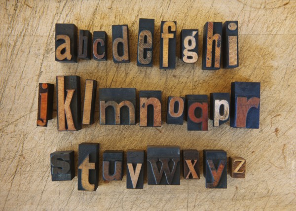 Close up of alphabet on letterpress.