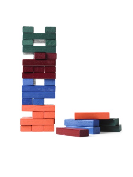 Studio shot of colorful wooden jenga blocks. Photo : David Arky