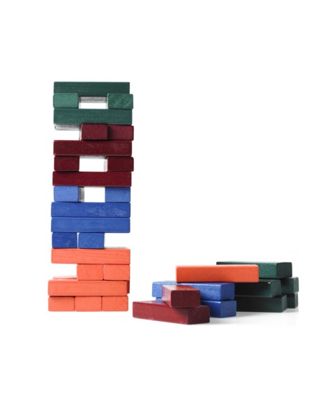 Studio shot of colorful wooden jenga blocks. Photo : David Arky