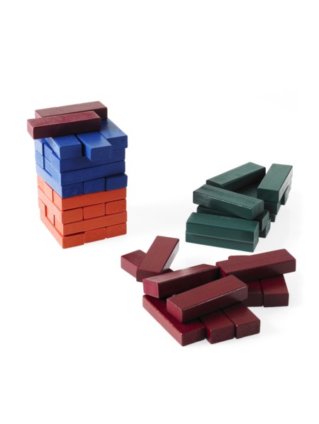 Studio shot of colorful wooden jenga blocks. Photo : David Arky