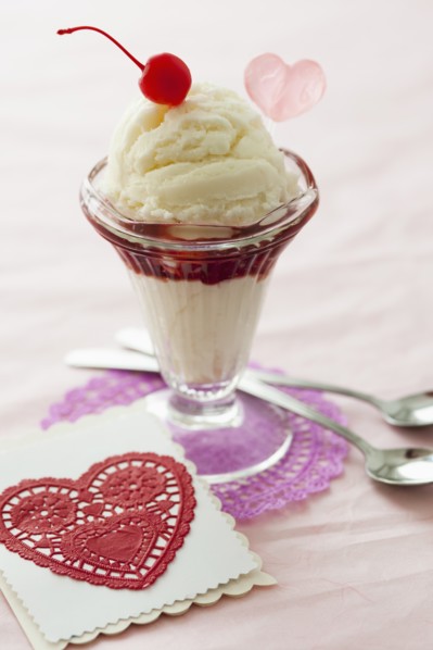 Close up of ice cream dessert with cherry on top and heart shaped cut-out.