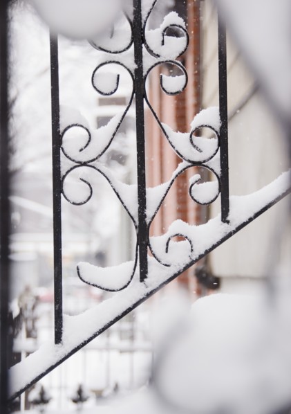 USA, New York State, Brooklyn, Williamsburg, railing covered with snow. Photo: Jamie Grill