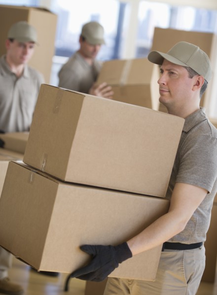 Men sorting boxes in warehouse.