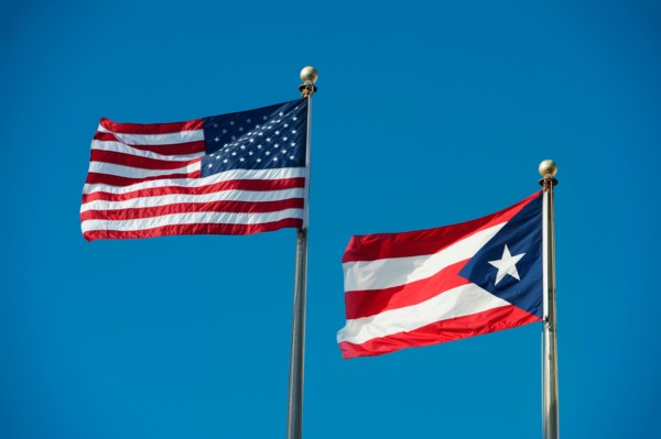Puerto Rico, Old San Juan, flags of the USA and Puerto Rico.