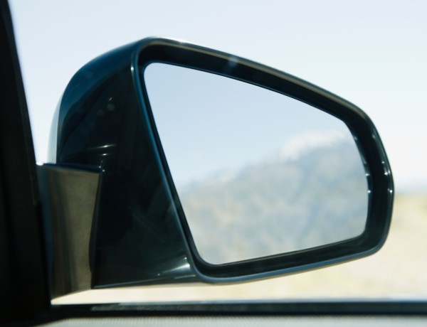 USA, California, Palm Springs, Coachella Valley, San Gorgonio Pass, Close up of rear- view mirror .