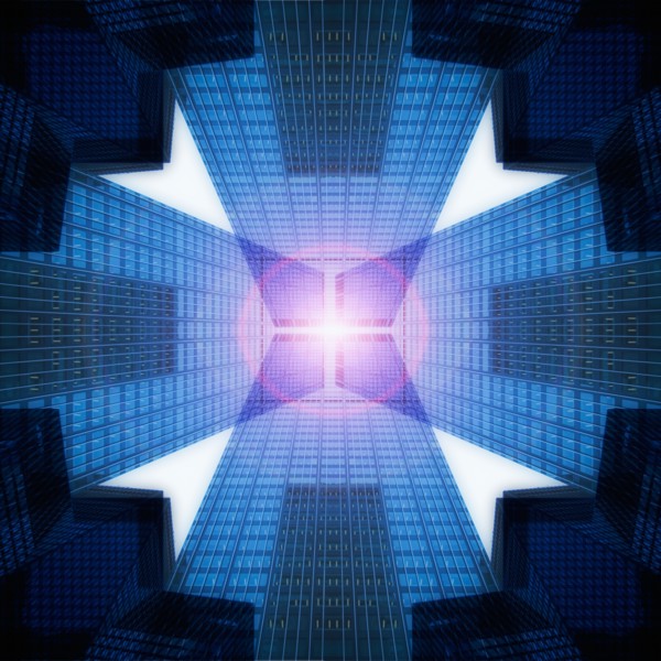 USA, New York, New York City, upward view of skyscrapers in abstract geometric shape.