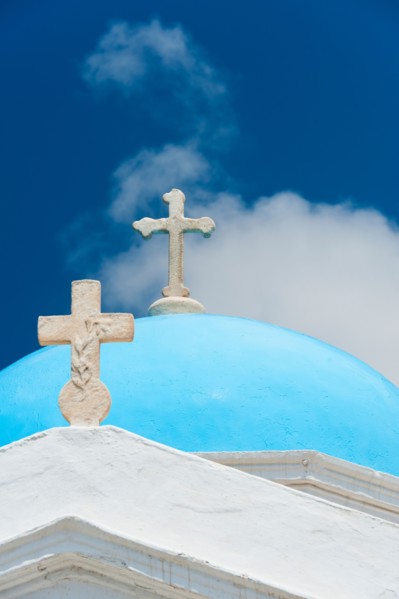 Greece, Cyclades Islands, Mykonos, Church dome with cross.