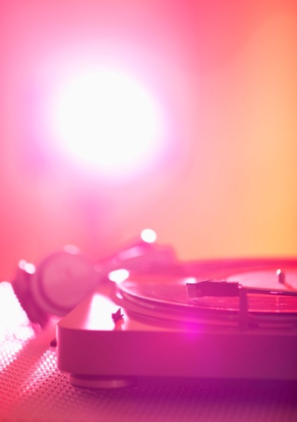 Close up of turntable on colored background. Photo: Daniel Grill