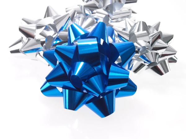 Studio shot of Blue and Silver Ribbon on white background. Photo : David Arky
