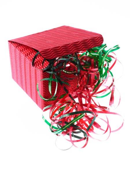 Studio shot of Red and Green Ribbon and Red Box on white background. Photo : David Arky