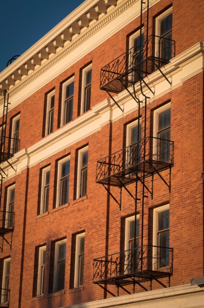 USA, Nevada, Goldfield, Building exterior with fire escapes. Photo: Gary J Weathers