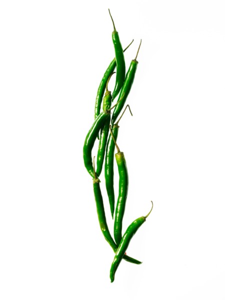 Studio shot of green chili peppers. Photo : David Arky