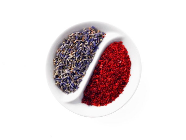 Studio shot of lavender flowers and paprika in Yin and Yang shape. Photo: David Arky