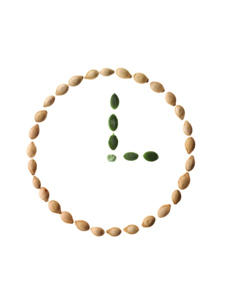 Studio shot of Pumpkin Seeds in shape of clock on white background. Photo : David Arky