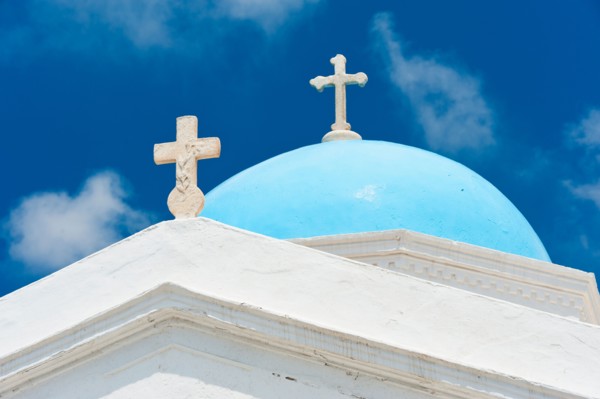 Greece, Cyclades Islands, Mykonos, Church dome with cross.