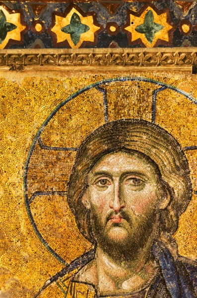 Turkey, Istanbul, Mosaic of Christ Pantocrator in Haghia Sophia Mosque .