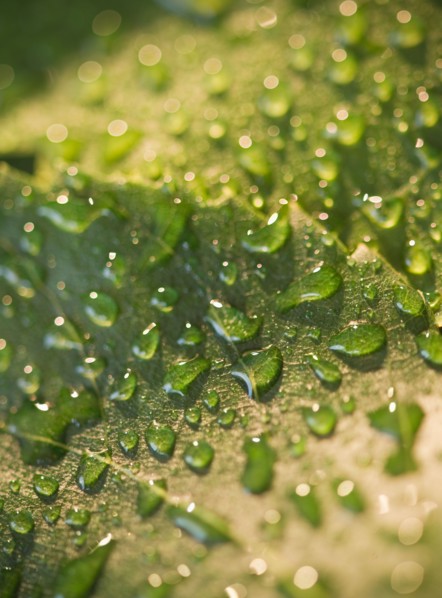 Close up of raindrops on green leaf. Photo : Jamie Grill