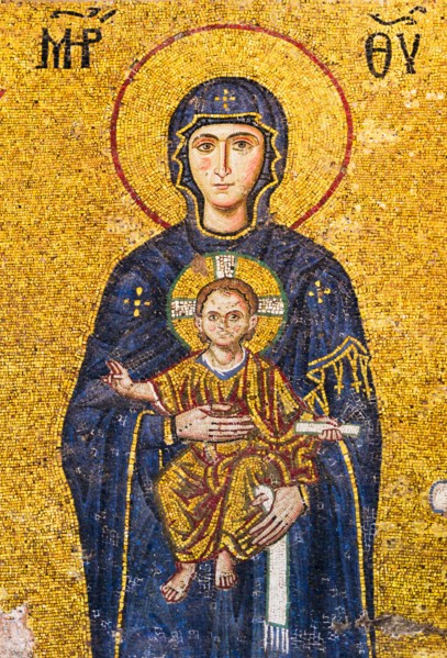 Turkey, Istanbul, Mosaic of Virgin mary holding Jesus in Haghia Sophia Mosque .