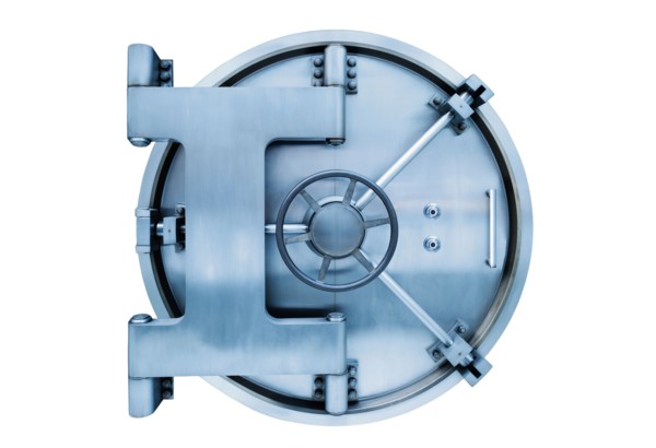 Bank vault door on white background.