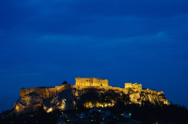 Greece, Athens, Acropolis illuminated at night.