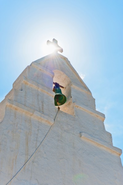 Greece, Cyclades Islands, Mykonos, Church bell tower.