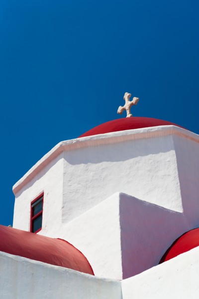 Greece, Cyclades Islands, Mykonos, Church roof with cross.