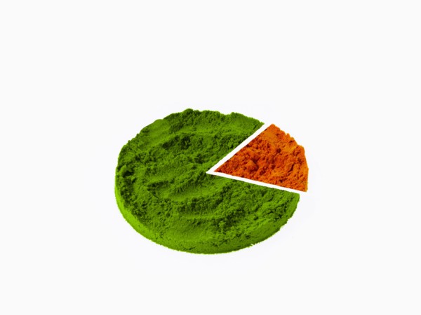Studio shot of Ground Wasabi Powder and Red Chili Powder making Pie chart on white background.