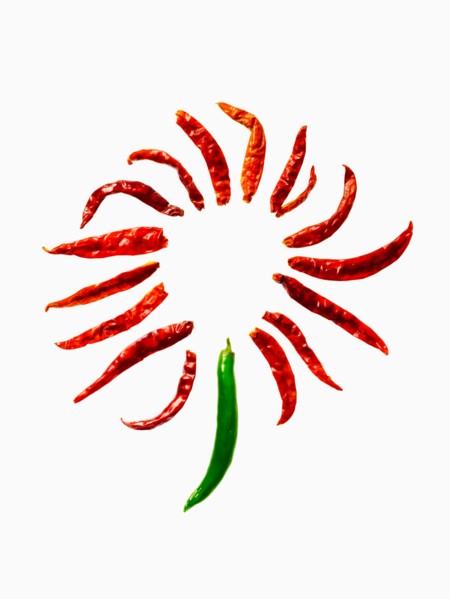 Studio shot of Red and Green Chili Peppers on white background. Photo : David Arky
