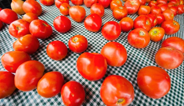 Tomatoes on table.
