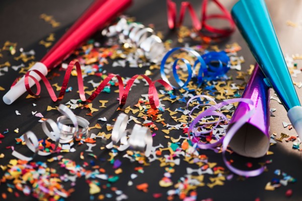 Party horn blowers and confetti. Photo: Daniel Grill