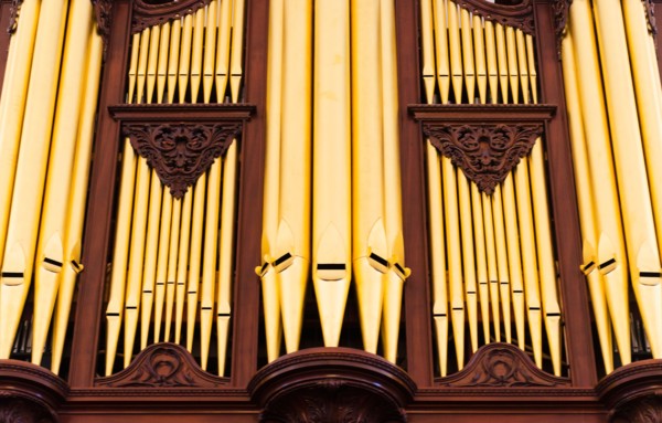 USA, South Carolina, Charleston, Close up of church pipe organs.