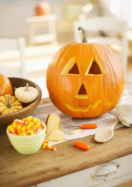 Halloween pumpkin on table.