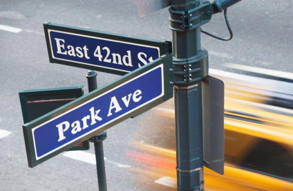 USA, New York City, Manhattan, Road direction sign at crossroads of 42nd Street and Park Avenue.