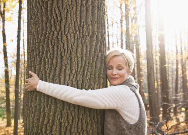 USA, New Jersey, Smiling woman hugging tree in Autumn forest. Photo : Tetra Images
