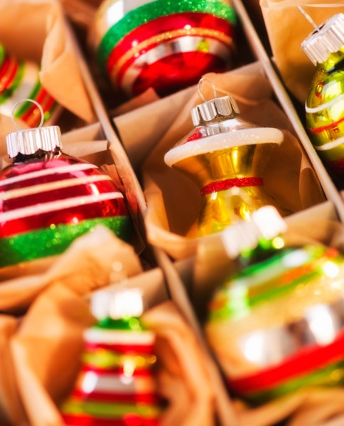 Christmas baubles in box. Photo : Daniel Grill