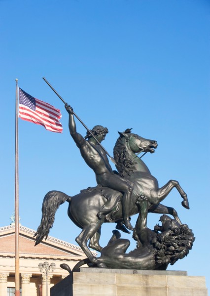 USA, Pennsylvania, Philadelphia, low angle view at statue in front of Philadelphia Museum Of Art.