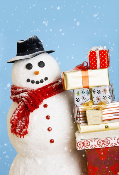 Studio shot of snowman with Christmas presents.